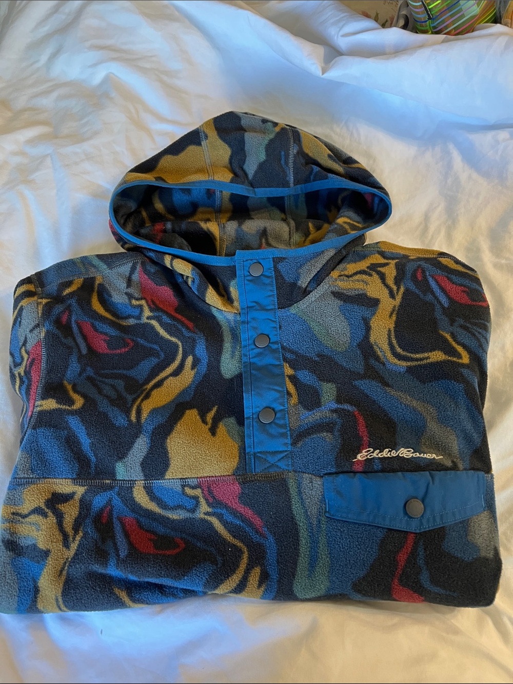 Eddie Bauer Blue Multicolor Abstract Fleece with Hood